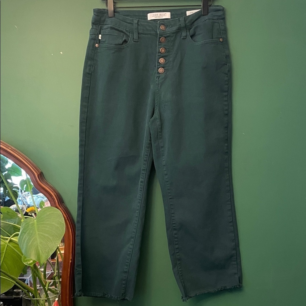 Judy Blue Wide Leg Crop Womens 11/30 Teal Green Exposed Button Fly Raw Hem Jeans